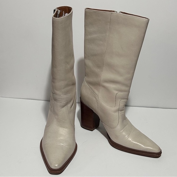 Franco Sarto Cream Heeled Boots Modern Western Design - Picture 2 of 13